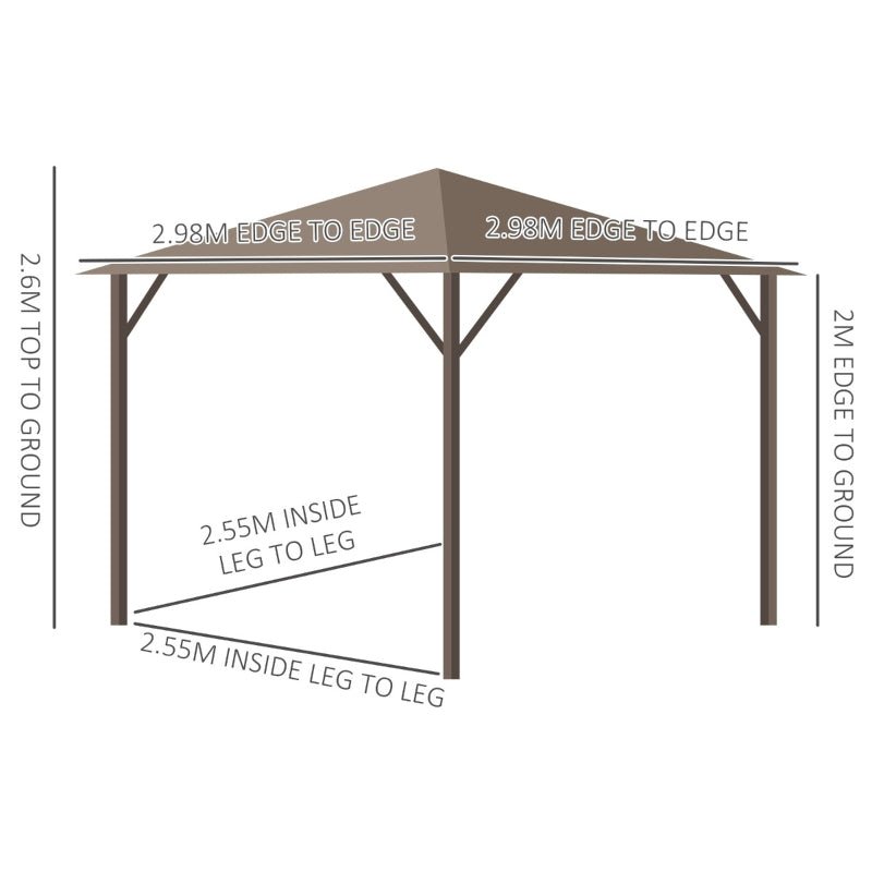 3m x 3m Brown Hardtop Garden Gazebo with Steel Roof, Privacy Curtains & Insect Netting