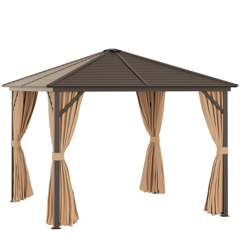 3m x 3m Brown Hardtop Garden Gazebo with Steel Roof, Privacy Curtains & Insect Netting
