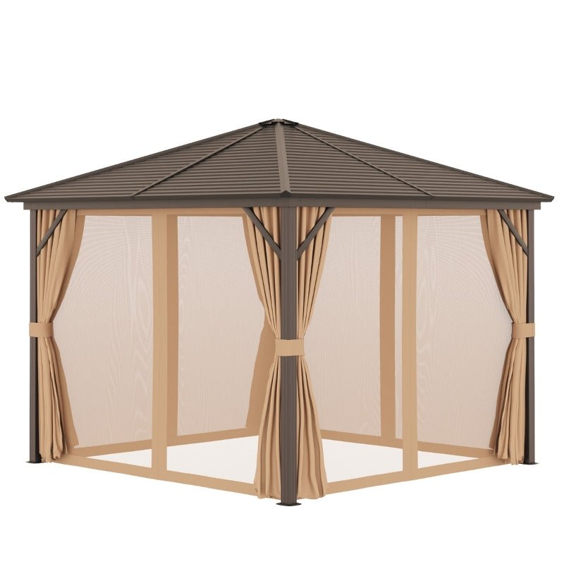 3m x 3m Brown Hardtop Garden Gazebo with Steel Roof, Privacy Curtains & Insect Netting