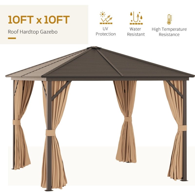 3m x 3m Brown Hardtop Garden Gazebo with Steel Roof, Privacy Curtains & Insect Netting
