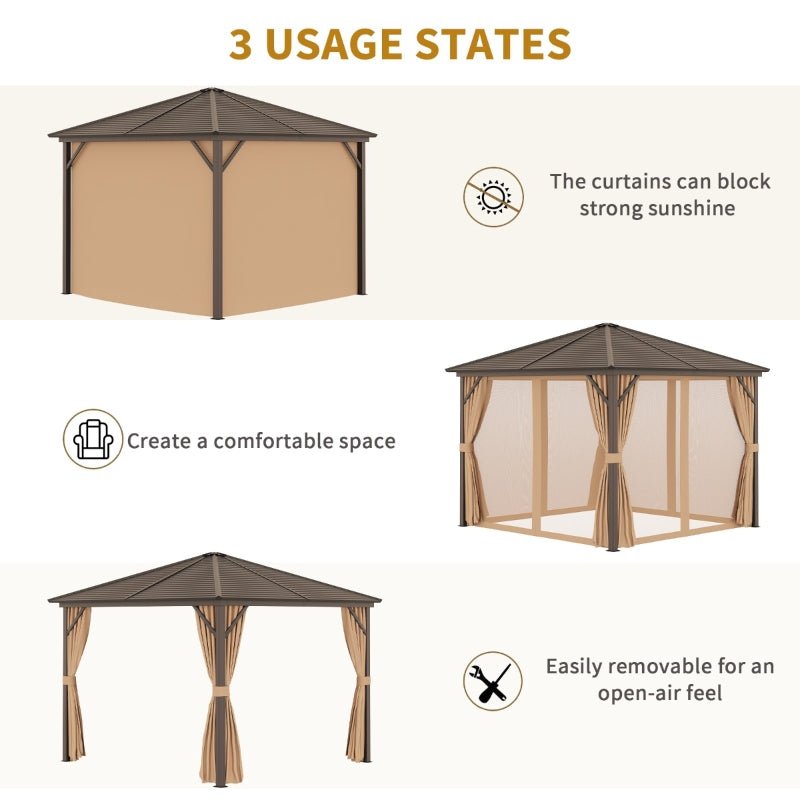 3m x 3m Brown Hardtop Garden Gazebo with Steel Roof, Privacy Curtains & Insect Netting