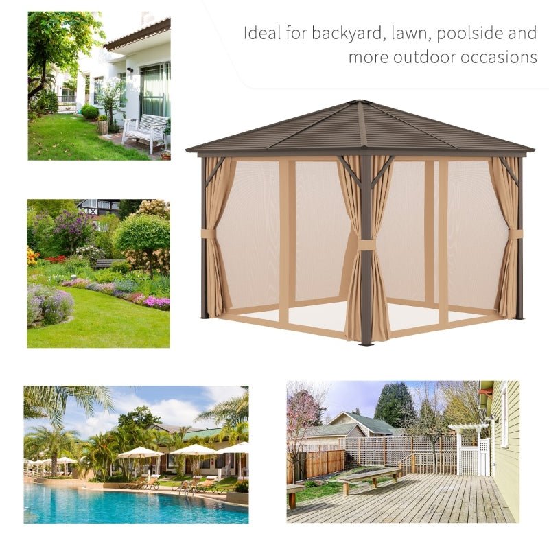3m x 3m Brown Hardtop Garden Gazebo with Steel Roof, Privacy Curtains & Insect Netting