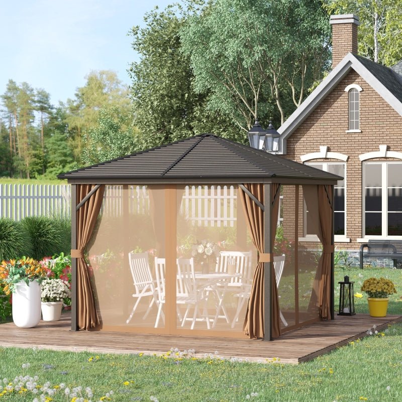 3m x 3m Brown Hardtop Garden Gazebo with Steel Roof, Privacy Curtains & Insect Netting