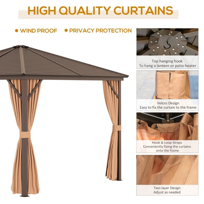 3m x 3m Brown Hardtop Garden Gazebo with Steel Roof, Privacy Curtains & Insect Netting