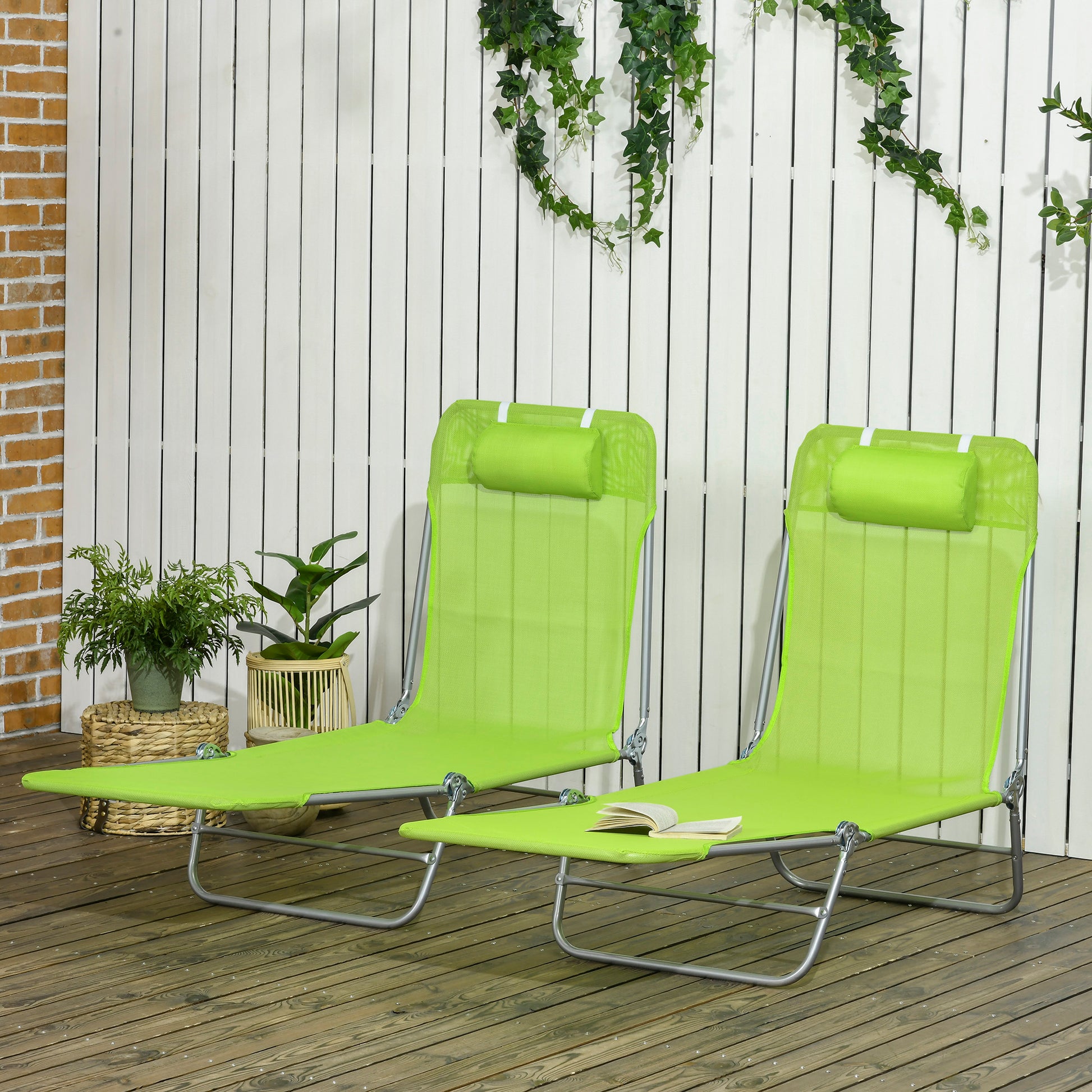 Marbella Set of Two Steel Frame Sun Loungers, with Reclining Backs - Green