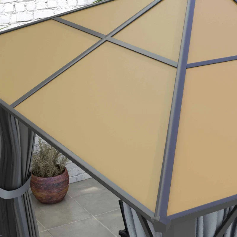 3m x 3.6m Aluminium Hardtop Gazebo - Polycarbonate Roof Garden Shelter with Privacy Curtains