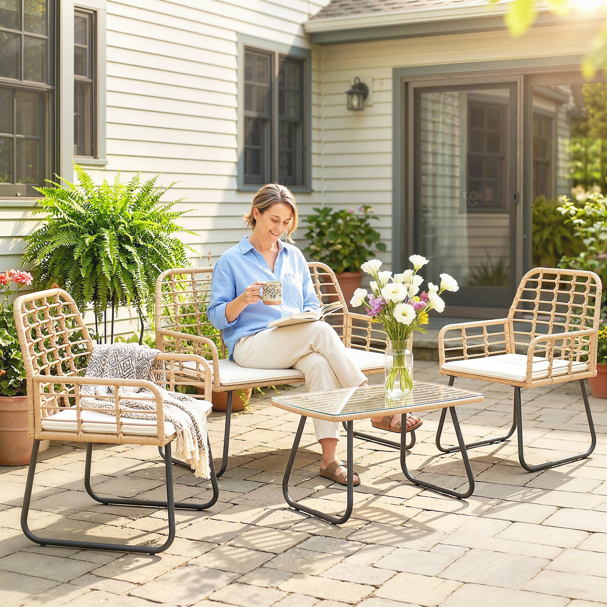 Marbella 4 Piece Rattan Garden Furniture Set, Garden Furniture with Loveseat, Armchairs and Coffee Table