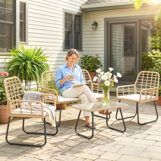 Marbella 4 Piece Rattan Garden Furniture Set, Garden Furniture with Loveseat, Armchairs and Coffee Table