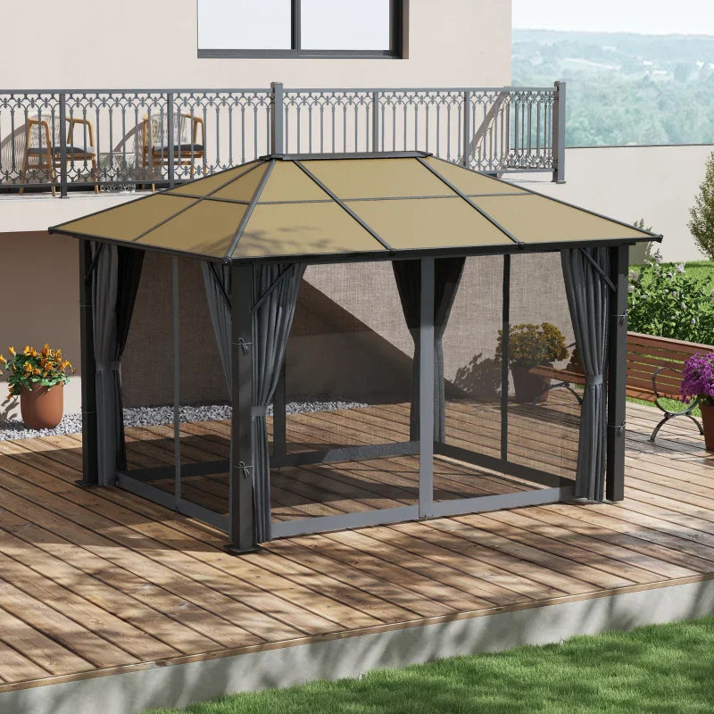 3m x 3.6m Aluminium Hardtop Gazebo - Polycarbonate Roof Garden Shelter with Privacy Curtains
