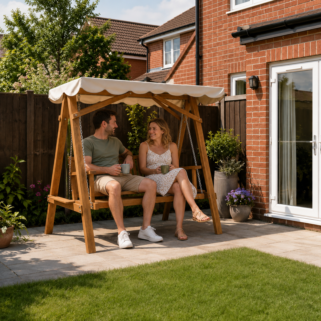 Capri 3 Seater Garden Swing Seat with Canopy, Wooden Swing Chair, Outdoor Hammock Bench for Balcony Patio Porch