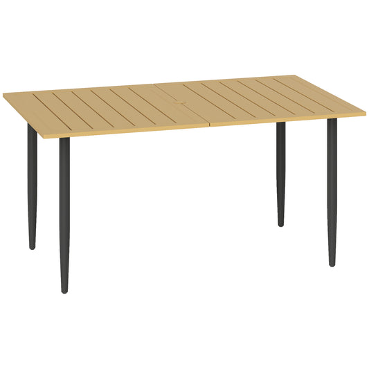 Outsunny Garden Dining Table, 150 x 90 cm Rectangle Outdoor Table with 5 cm Parasol Hole, Slatted Tabletop and Steel Frame for Patio Balcony, (Table Only) Brown