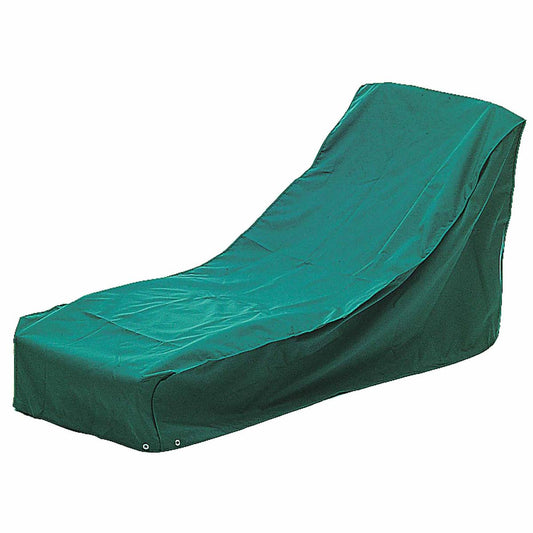 Green outdoor sun lounger cover protecting furniture from weather elements. Durable waterproof material ensures long-lasting use, ideal for garden loungers.