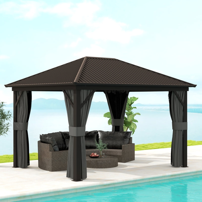 3.6m x 3m Dark Grey Hardtop Garden Gazebo with Aluminium Frame, Metal Roof, Privacy Curtains & Insect Mesh Panels