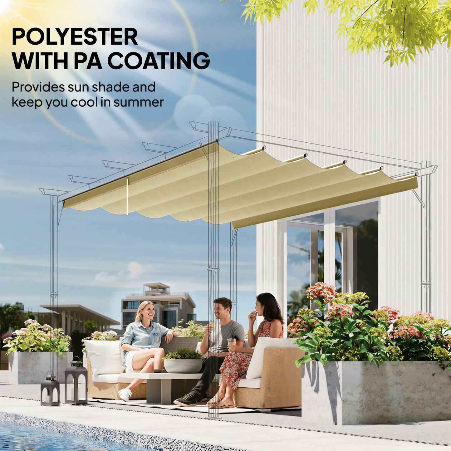 Outsunny Retractable Pergola Cover, 2.55 x 2.5 m Replacement Canopy Fabric for 3 x 3 m Frame, Roof Top Only, Beige