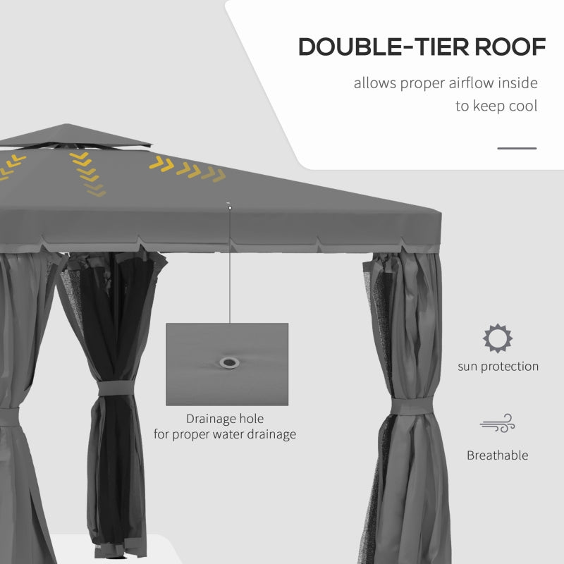 Grey 3x3m Garden Gazebo Pavilion with Aluminium Frame, Double – Tier Canopy, Curtains & Removable Insect Netting