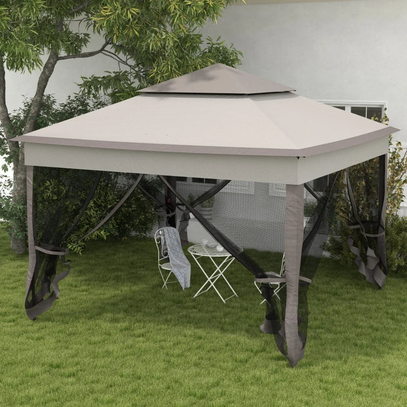 3.25m x 3.25m Brown & Grey Pop – Up Garden Gazebo – Double Tier Roof Metal Frame Pavilion with Mesh Curtains, Carry Bag & Outdoor Event Shelter