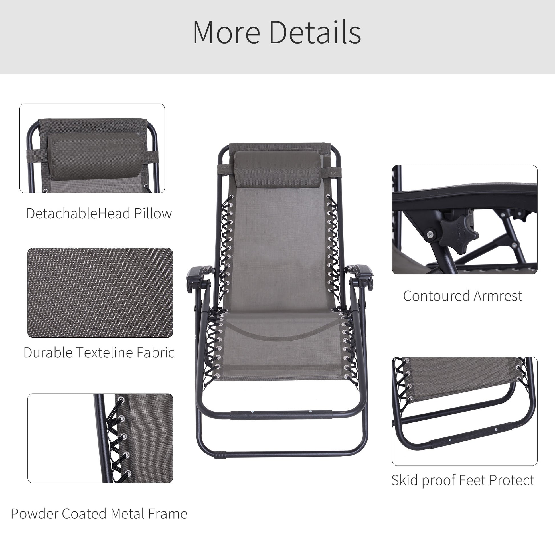 Outsunny Zero Gravity Chair Set of 2, Metal Frame Texteline Armchair Outdoor Folding and Reclining Sun Lounger with Head Pillow for Patio Decking Gardens Camping, Grey