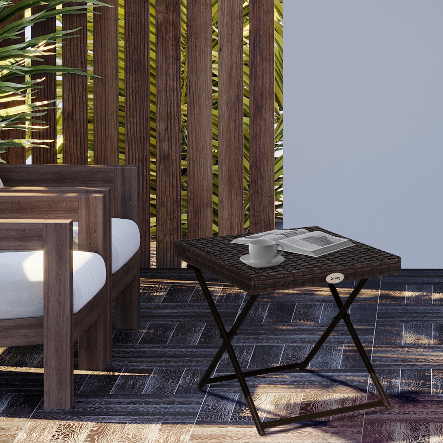 Folding Rattan Garden Coffee Table, Small Square Outdoor Bistro Side Table with Rattan Top for Patio, Balcony, Porch, 40 x 40 x 40 cm, Brown