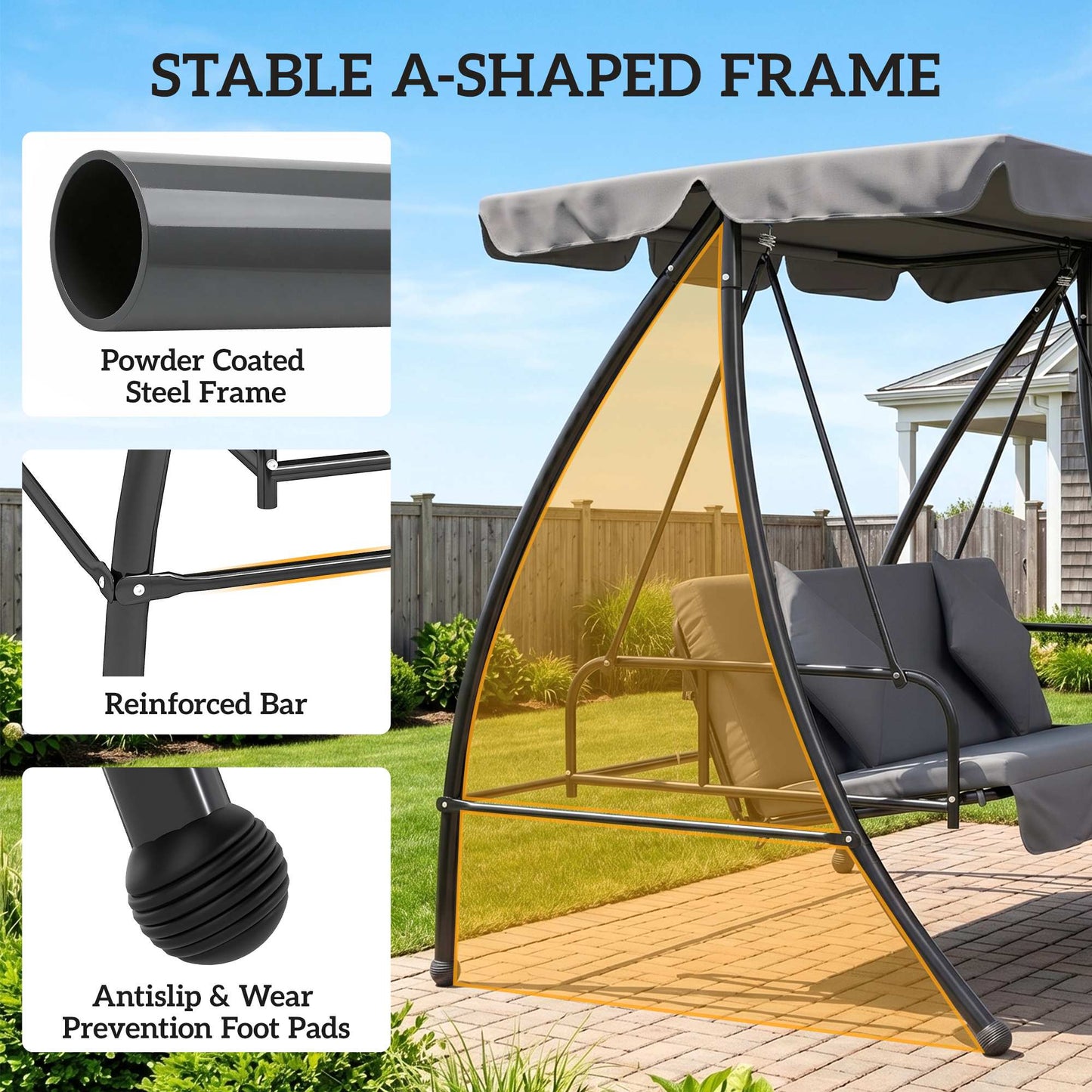 Outsunny Outdoor 2-in-1 Swing Chair Lounger 3 Seater Garden Swing Seat Bed Convertible Tilt Canopy W/ Cushion, Dark Grey
