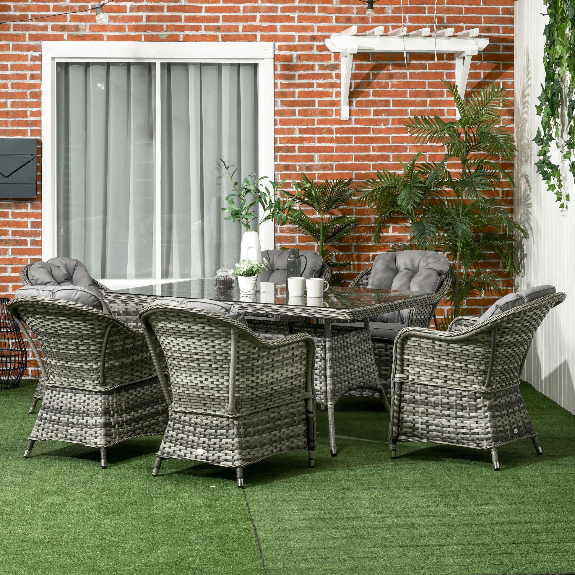 Mediterraneo Seven-Piece Rattan Dining Set with Tempered Glass Table Top and Parasol Hole - Grey