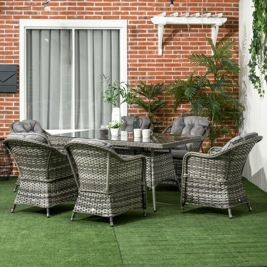 Mediterraneo Seven-Piece Rattan Dining Set with Tempered Glass Table Top and Parasol Hole - Grey