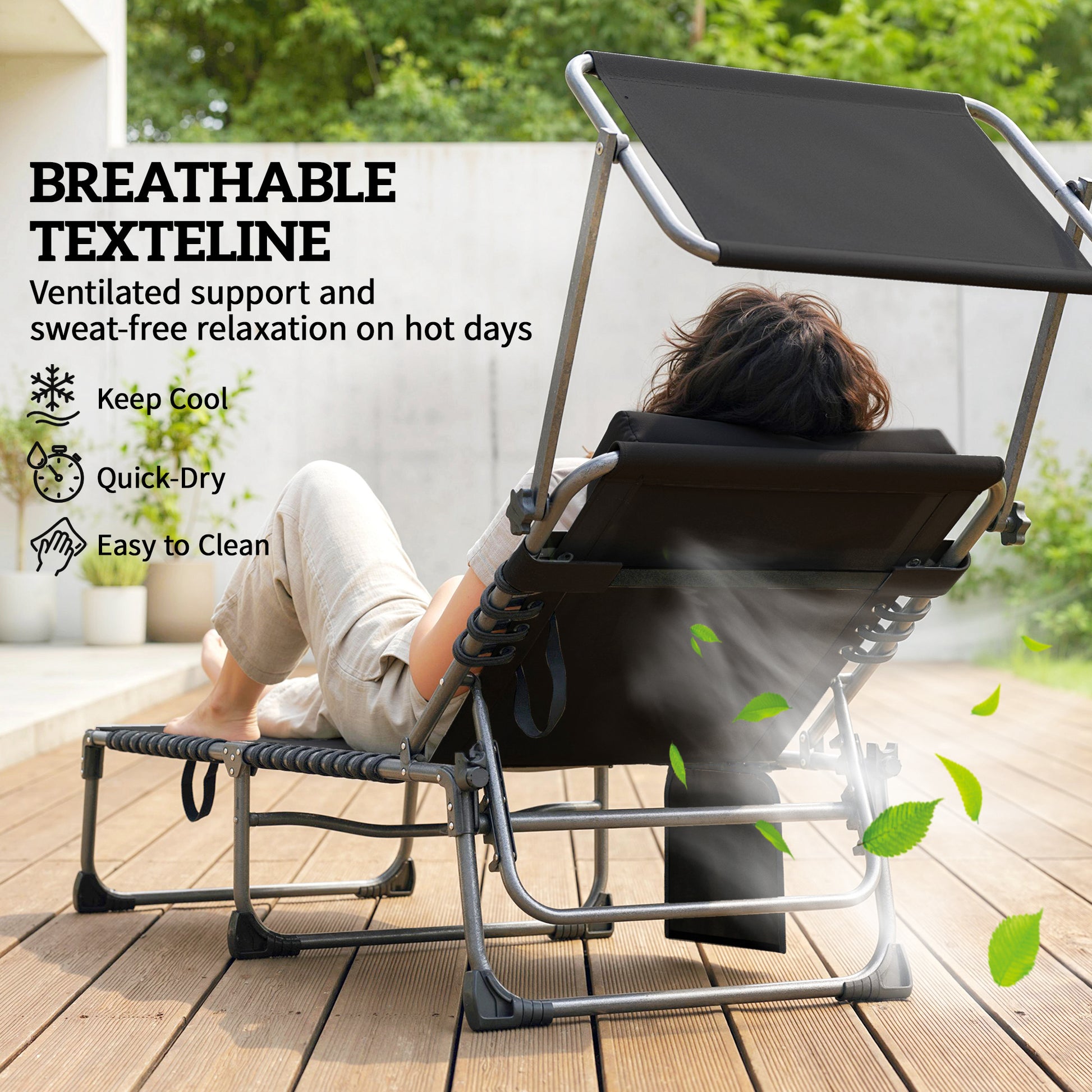 Outsunny Folding Sun Loungers Set of 2 with Canopy, Reclining Sunbed with Cushion, Side Pocket, Carrying Handle, Black