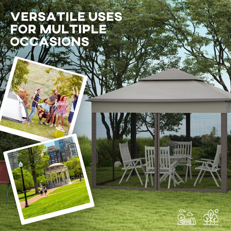 3.25m x 3.25m Brown & Grey Pop – Up Garden Gazebo – Double Tier Roof Metal Frame Pavilion with Mesh Curtains, Carry Bag & Outdoor Event Shelter