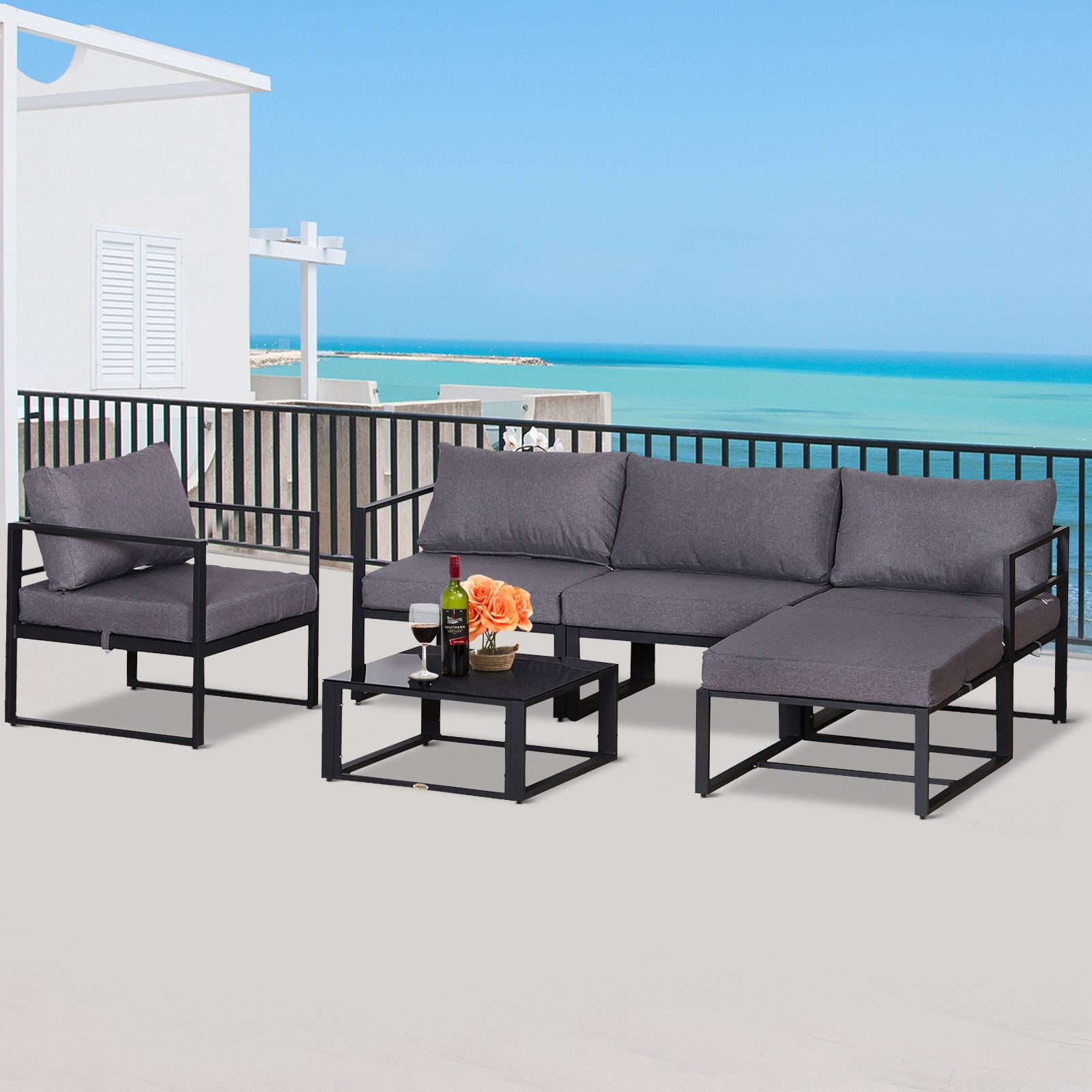 Capri 6 PCs Sectional Sofa Set Thick Padded Cushions Aluminium Frame 5 Seaters 1 Coffee Table Footrest Grey