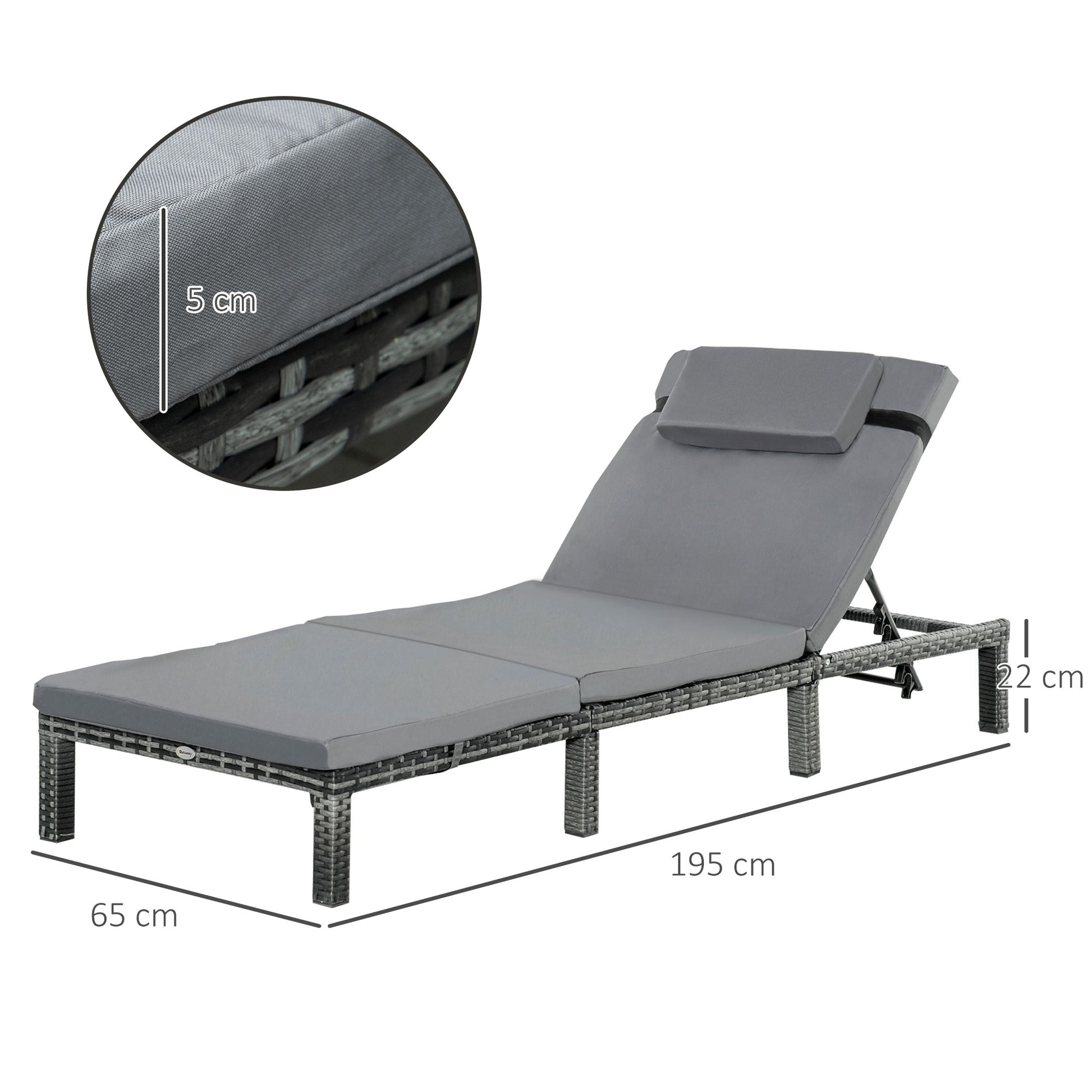 Outsunny 2 Pieces Outdoor PE Rattan Sun Loungers set of 2 with Cushion, Garden Wicker Sunbed Furniture with 5 - Level Recliner Backrest, Grey