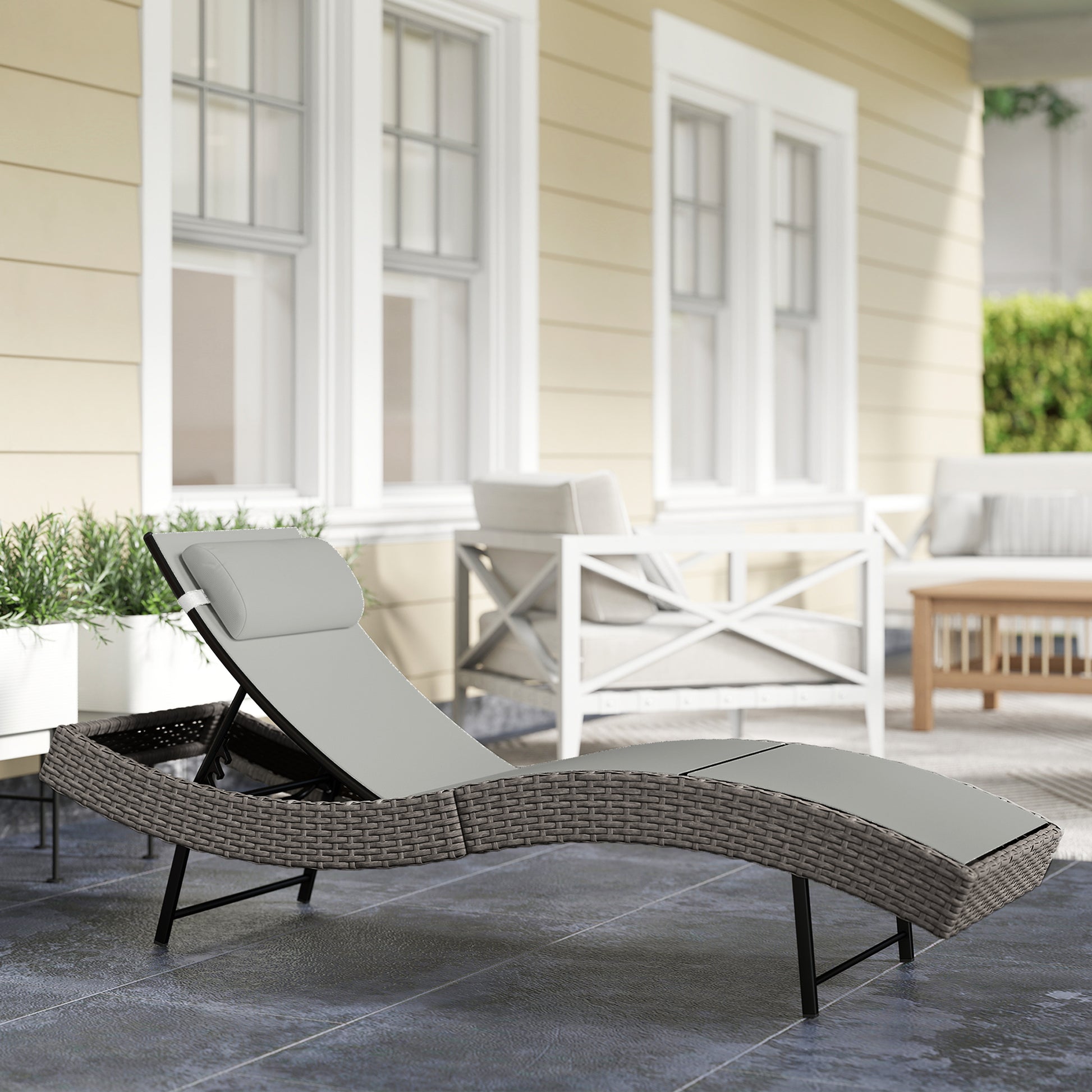 Marbella Rattan Sun Lounger, Garden Recliner with 5 Position Adjustable Back, S Shaped Texteline Seat, Headrest