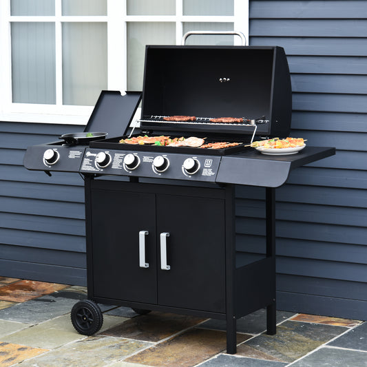 4+1 Burner Gas BBQ, Outdoor Barbecue Trolley with Wheels, Warming Rack, Side Shelves, Cabinet, Thermometer for Garden, Party, Camping, 125 L x