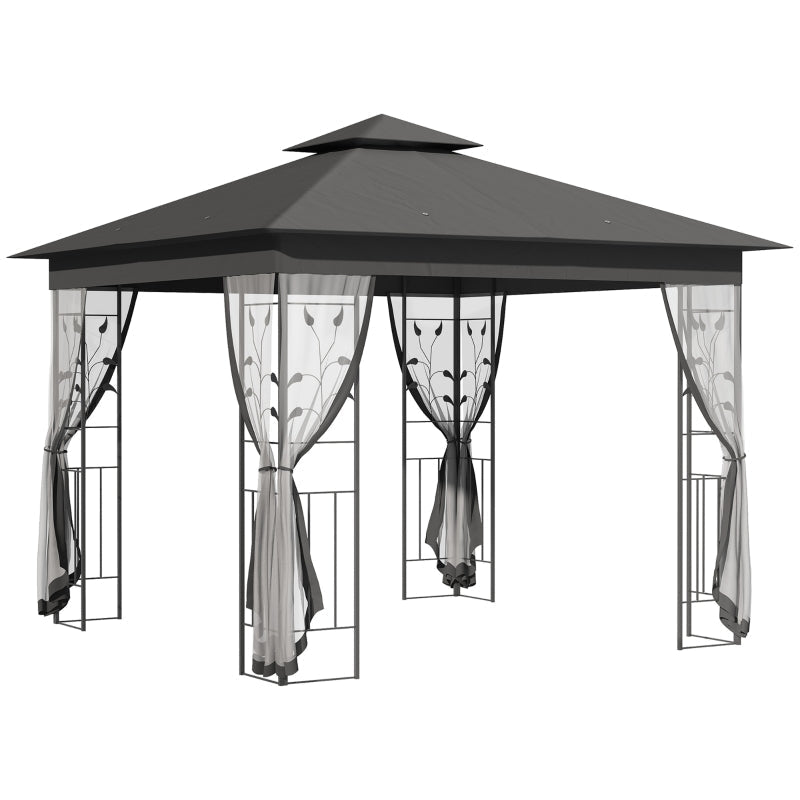 3m x 3m Grey Steel Frame Garden Gazebo – Double Tier Canopy Shelter with UV Protection, Mesh Curtains & Outdoor Party Pavilion