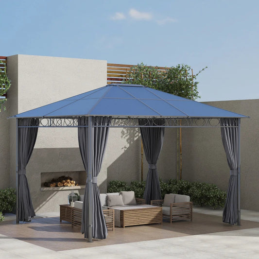3.6m x 3m Aluminium Frame Hardtop Gazebo – UV Resistant Polycarbonate Garden Shelter with Curtains