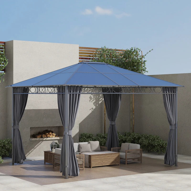 3.6m x 3m Aluminium Frame Hardtop Gazebo – UV Resistant Polycarbonate Garden Shelter with Curtains