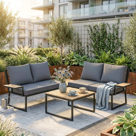 Riviera 4 Seater Metal Garden Furniture Set, Corner Garden Sofa Set with 2 Loveseats, 2 Nesting Tables