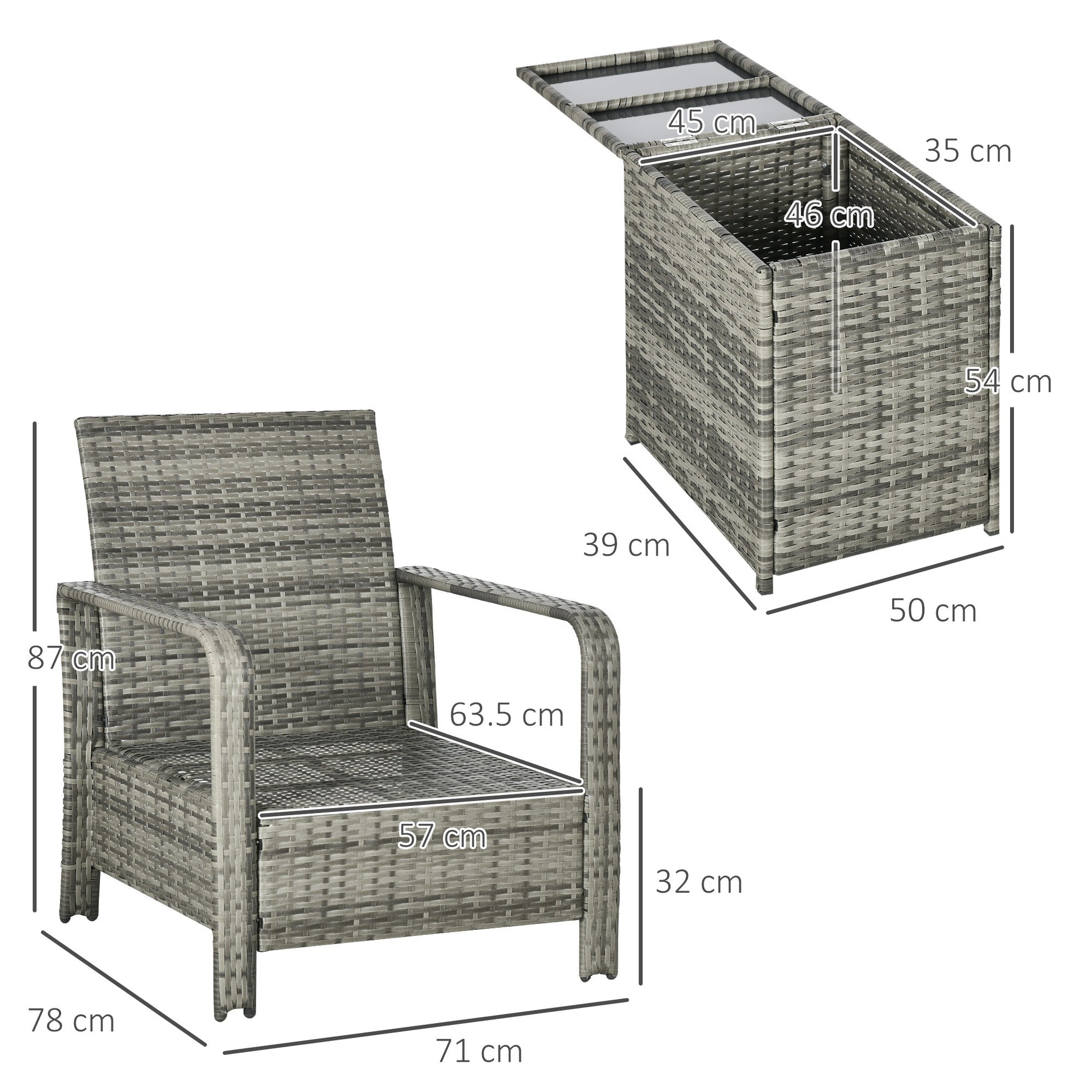 Outsunny 3 Pieces Rattan Bistro Set, Wicker Garden Furniture Set with 72 L Storage Coffee Table and Chairs, Orange