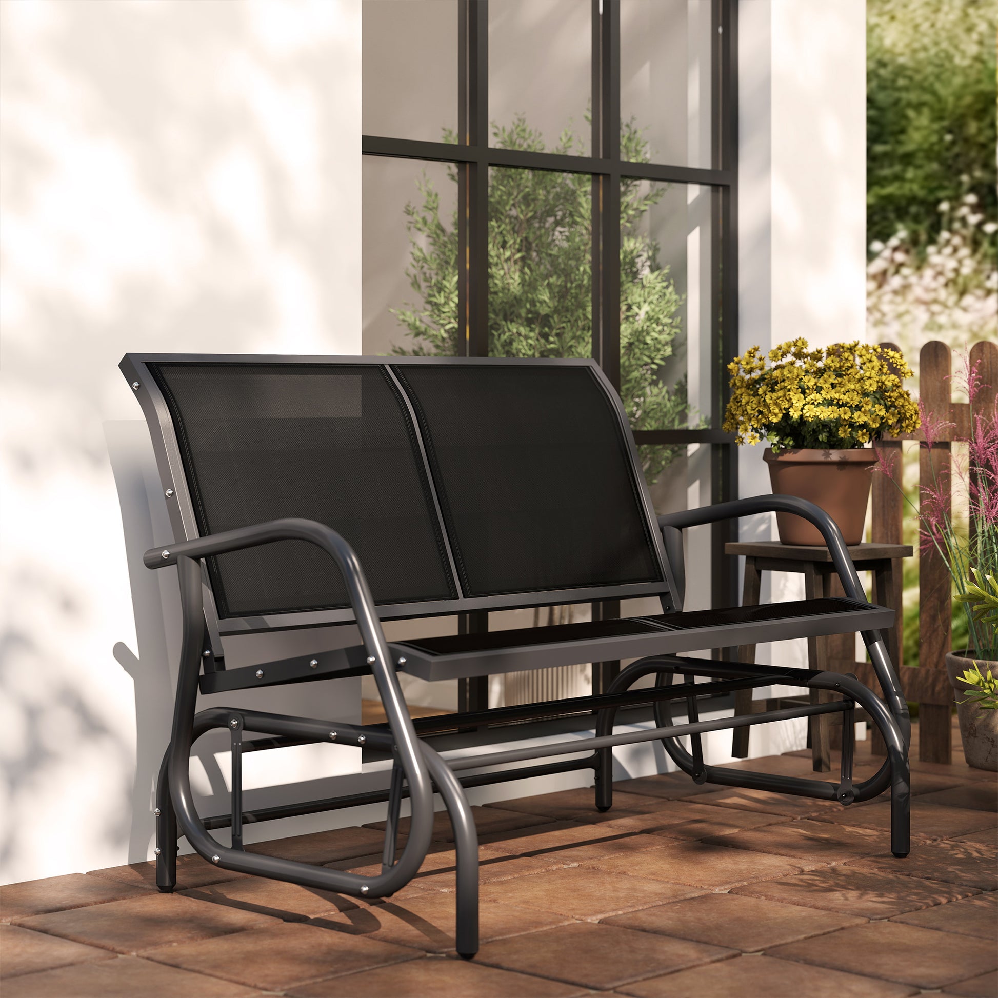 Outsunny 2-Person Outdoor Glider Bench Patio Double Swing Gliding Chair Loveseat w/Power Coated Steel Frame for Garden Patio Porch, Black