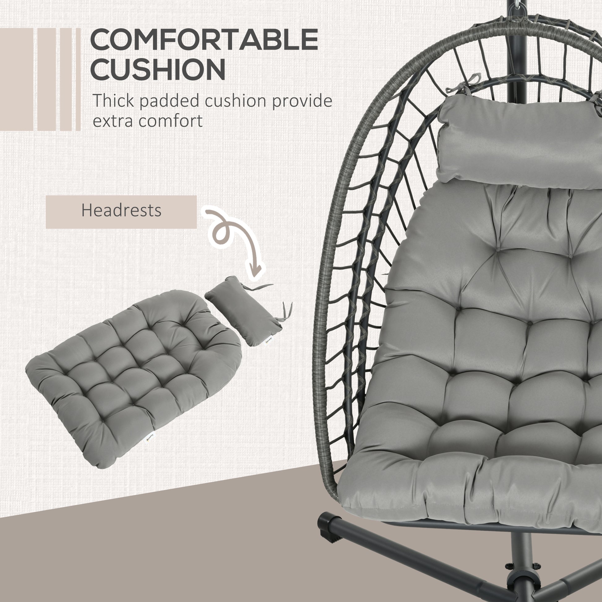 Outsunny Outdoor PE Rattan Swing Chair with Foldable Basket and Cushion, Garden Patio Hanging Egg Chair with Metal Stand, Headrest for Indoor and Outdoor, Light Grey