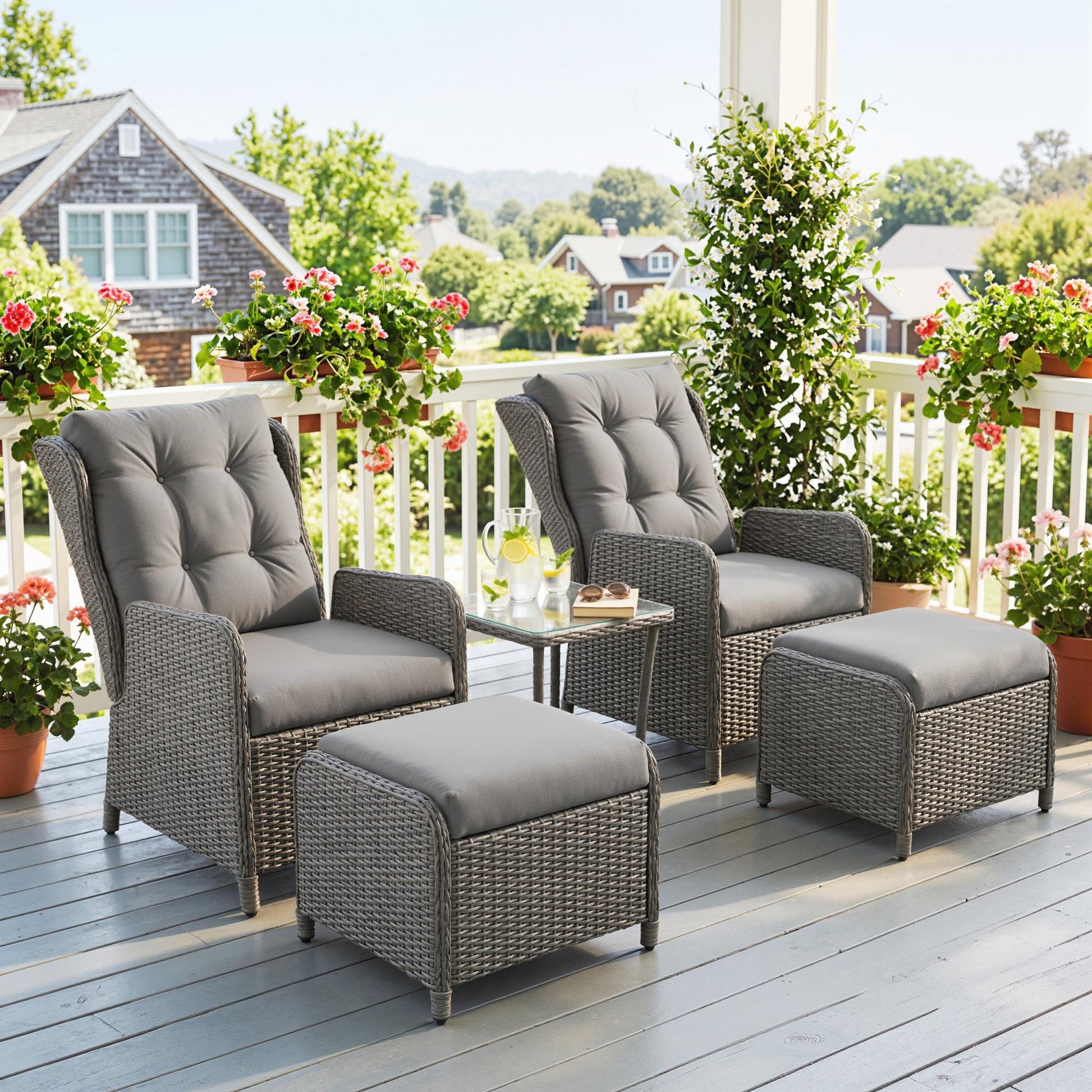 Amalfi 5 Piece Rattan Bistro Set with Adjustable Back, Reclining Wicker Balcony Furniture with Cushions