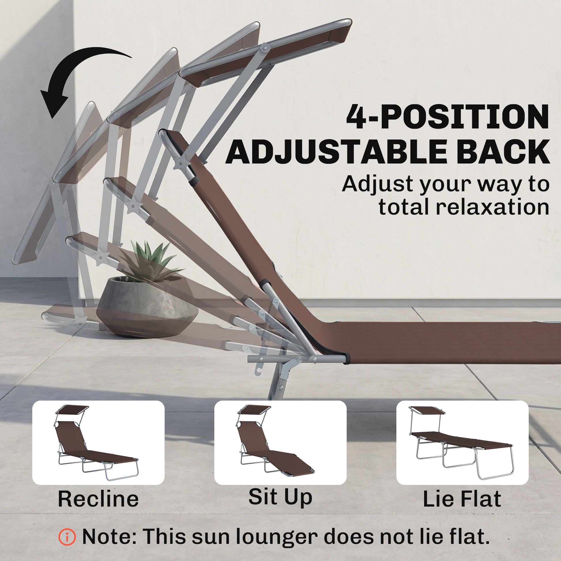 Outsunny Folding Sun Lounger with Canopy, Reclining Sunbed with 4-Position Adjustable Backrest, 600D Oxford Cloth, Portable Garden Lounger Recliner Chair for Beach, Camping, Patio, Brown