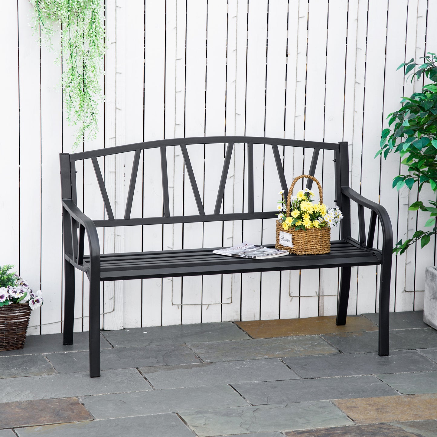 Sorrento 2-Seater Garden Bench Metal Loveseat w/ Decorative Backrest Ergonomic Armrest