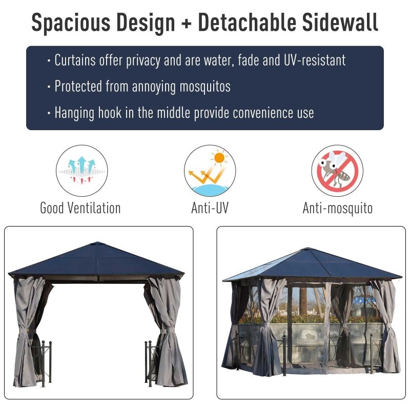 3m x 3m Black Aluminium Hardtop Gazebo with Polycarbonate Roof, Zip Curtains & Insect Netting – Outdoor Garden Shelter Pavilion