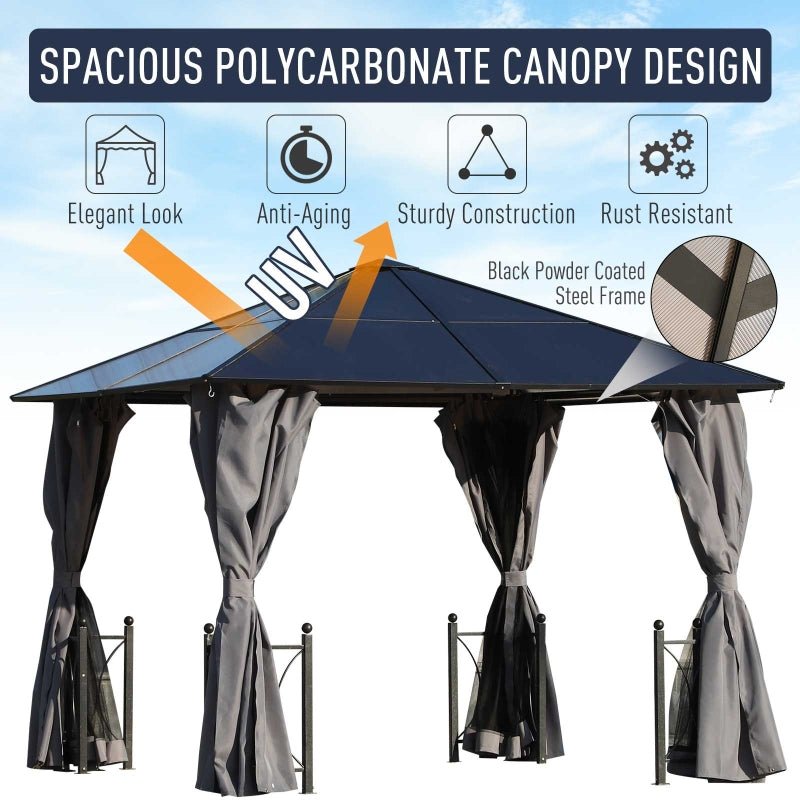 3m x 3m Black Aluminium Hardtop Gazebo with Polycarbonate Roof, Zip Curtains & Insect Netting – Outdoor Garden Shelter Pavilion
