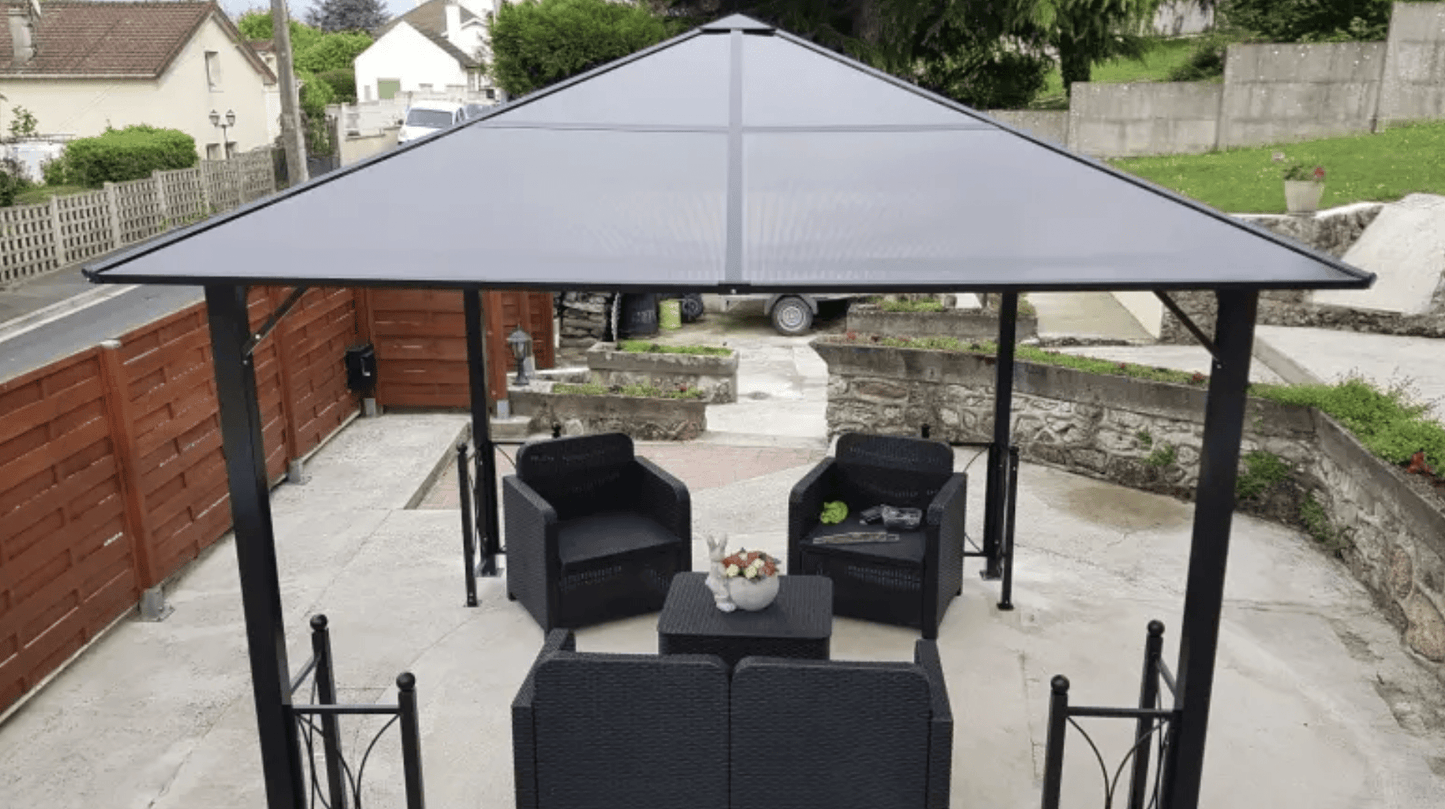 3m x 3m Black Aluminium Hardtop Gazebo with Polycarbonate Roof, Zip Curtains & Insect Netting – Outdoor Garden Shelter Pavilion
