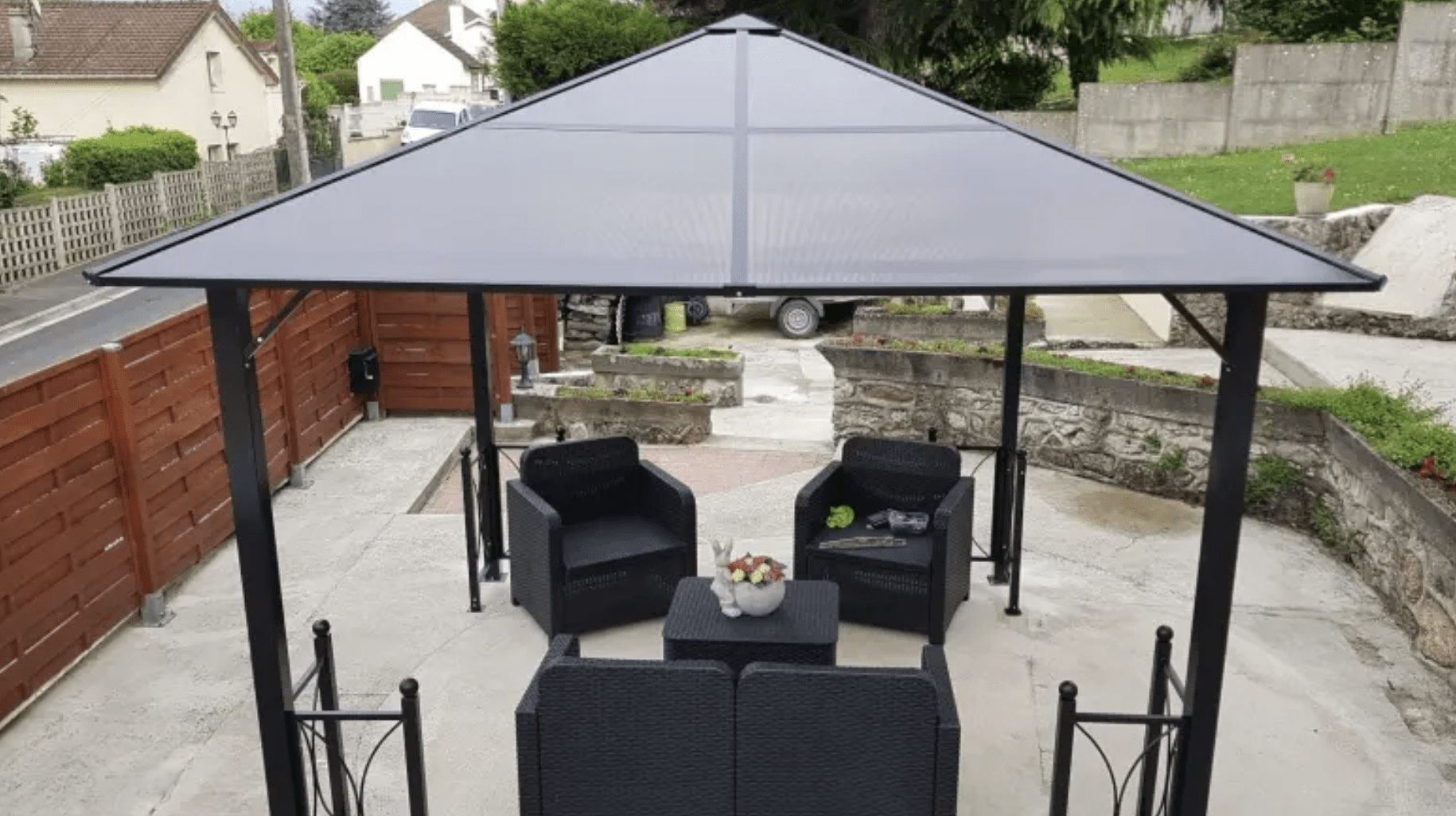 3m x 3m Black Aluminium Hardtop Gazebo with Polycarbonate Roof, Zip Curtains & Insect Netting – Outdoor Garden Shelter Pavilion