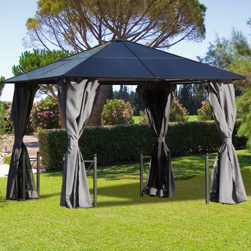 3m x 3m Black Aluminium Hardtop Gazebo with Polycarbonate Roof, Zip Curtains & Insect Netting – Outdoor Garden Shelter Pavilion