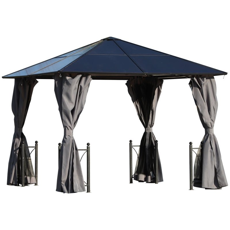 3m x 3m Black Aluminium Hardtop Gazebo with Polycarbonate Roof, Zip Curtains & Insect Netting – Outdoor Garden Shelter Pavilion