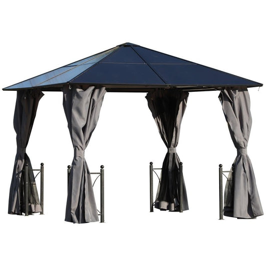 3m x 3m Black Aluminium Hardtop Gazebo with Polycarbonate Roof, Zip Curtains & Insect Netting – Outdoor Garden Shelter Pavilion