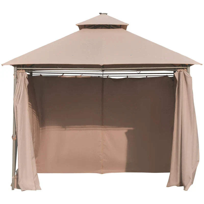 4m x 3m Garden Gazebo with LED Solar Lights - Double Tier Roof Outdoor Party Shelter with Curtains