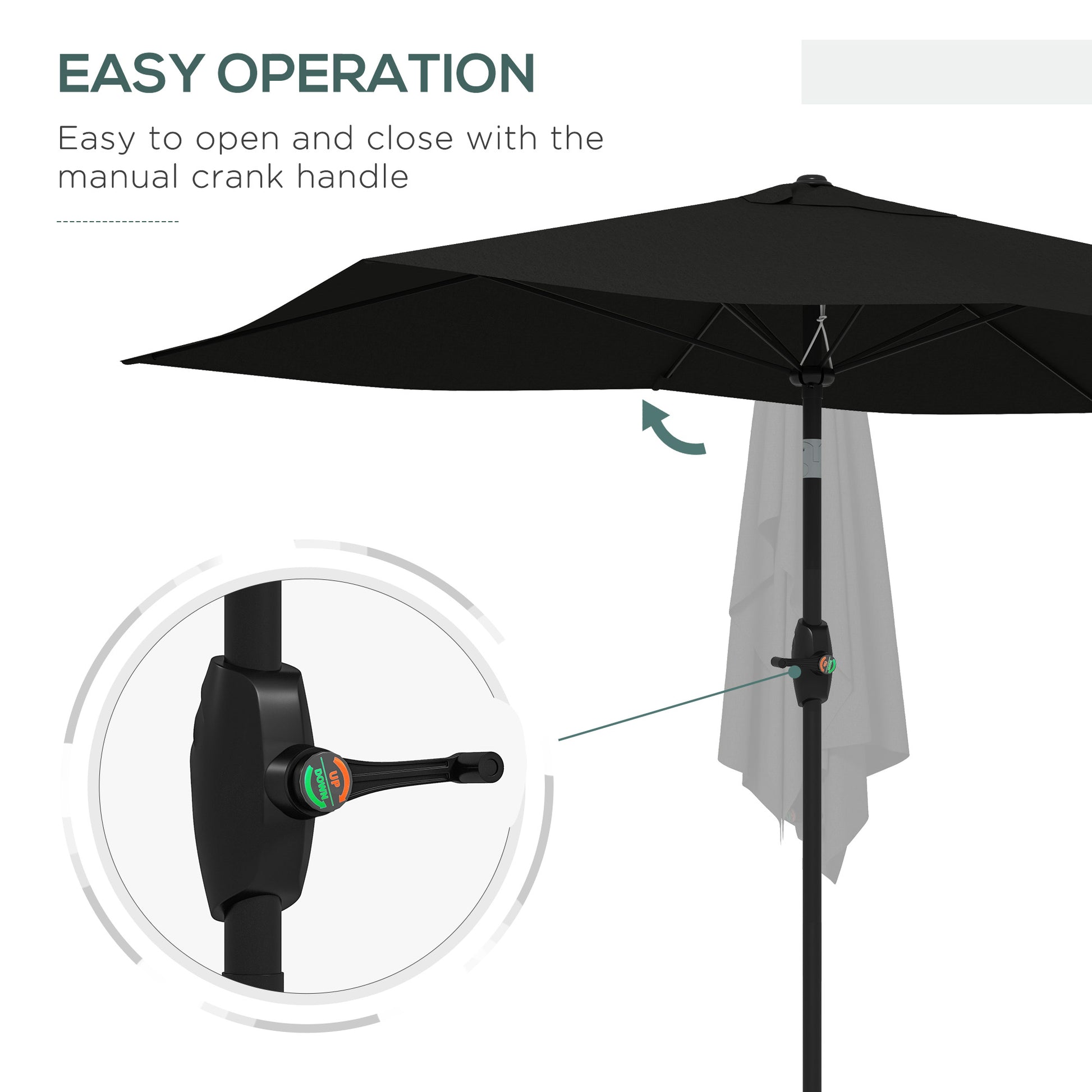 Outsunny 3 x 2 m Garden Parasol Umbrella with Aluminium Pole, UPF 50+ Rectangular Outdoor Table Parasol Sun Shade with Crank & Push Button Tilt, Metal Ribs, Black